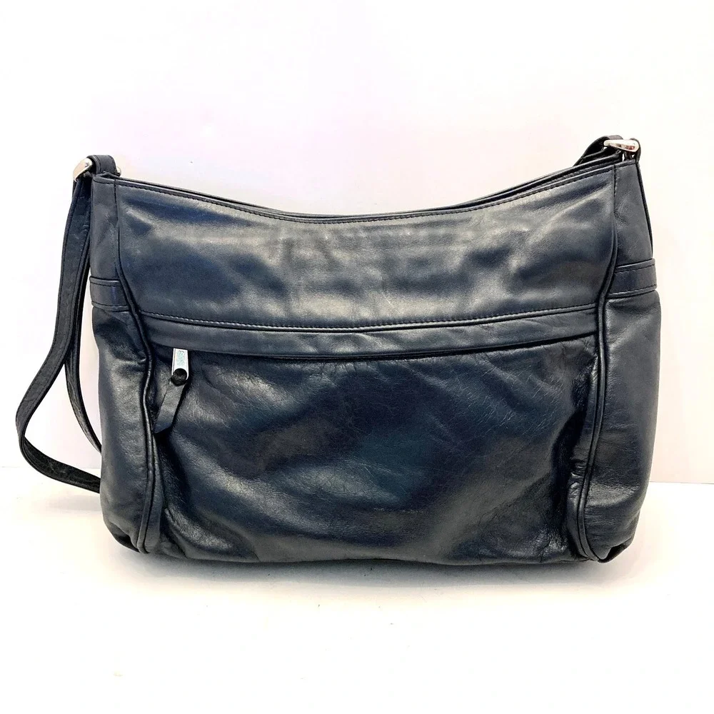 Vtg SAS Shoulder‎ Bag Navy Blue Leather Purse Hand Sewn Made USA Pockets